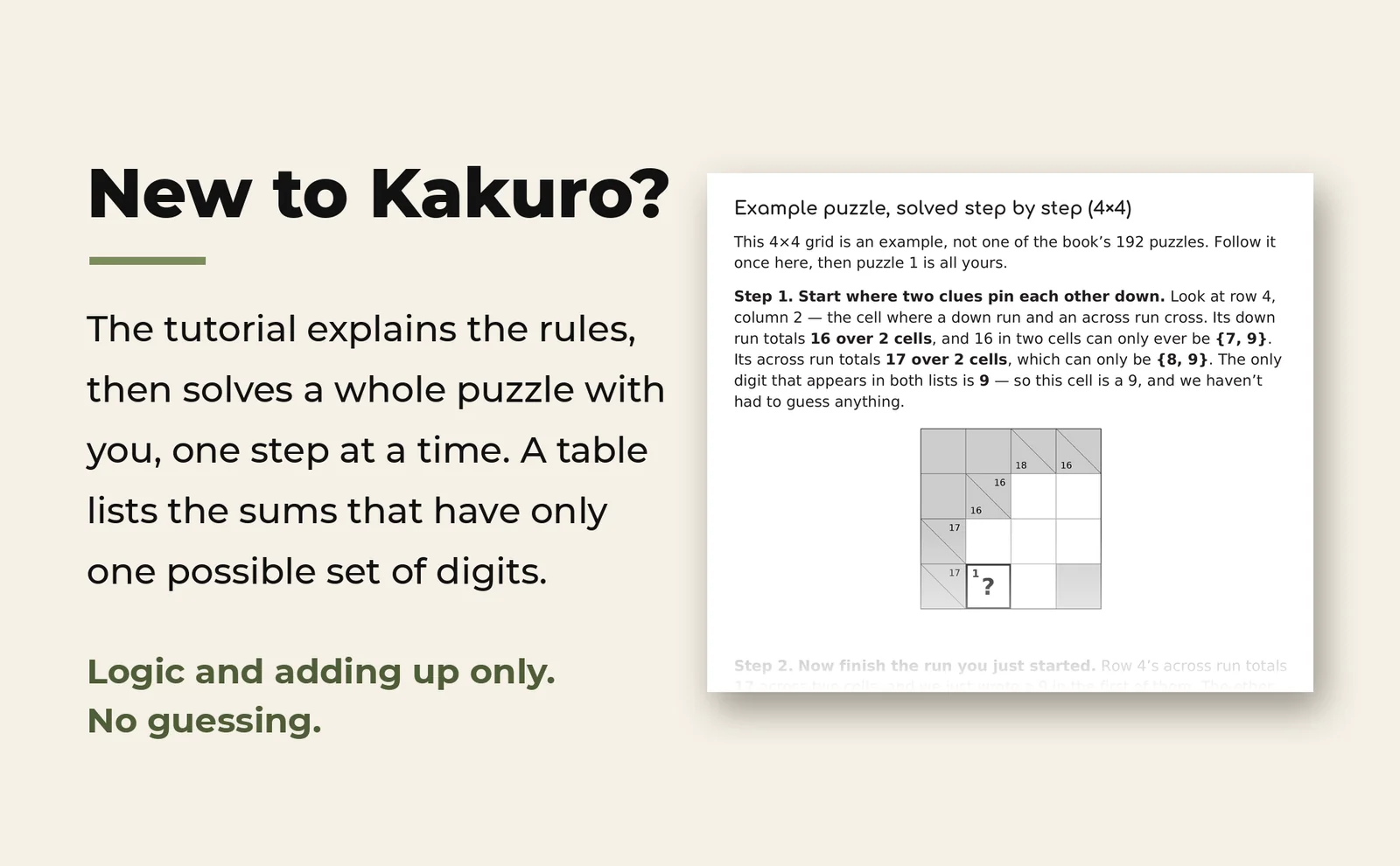 A tutorial page from Kakuro for Beginners: an example puzzle solved step by step, with the first step explained
