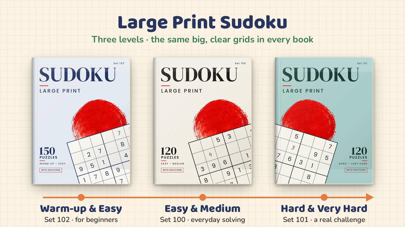Three Large Print Sudoku books arranged from easiest to hardest: Set 102 warm-up and easy, Set 100 easy and medium, Set 101 hard and very hard