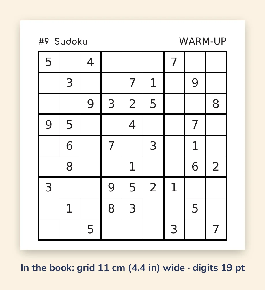 A real puzzle page from Large Print Sudoku: a 9×9 grid with large digits and bold box lines, marked "Warm-up"