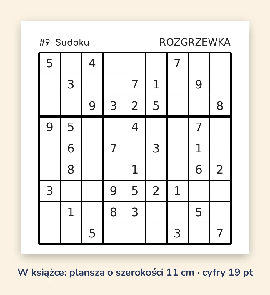Prawdziwa strona z książki Sudoku dużym drukiem: plansza 9×9 z dużymi cyframi i pogrubionymi liniami bloków, oznaczona jako „Rozgrzewka”