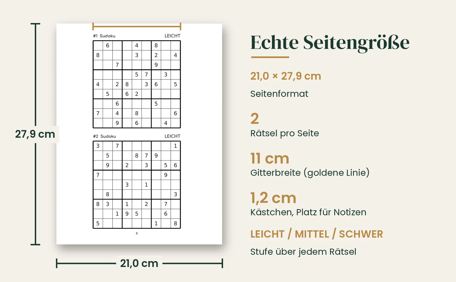 Eine echte Seite aus dem Buch in Originalgröße: 21,0 × 27,9 cm, zwei Rätsel pro Seite, Gitter 11 cm breit