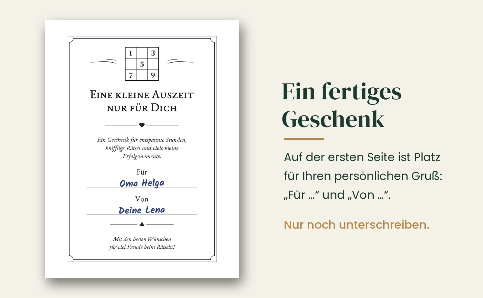 Die Widmungsseite im Buch mit den Zeilen „Für“ und „Von“, als Beispiel ausgefüllt