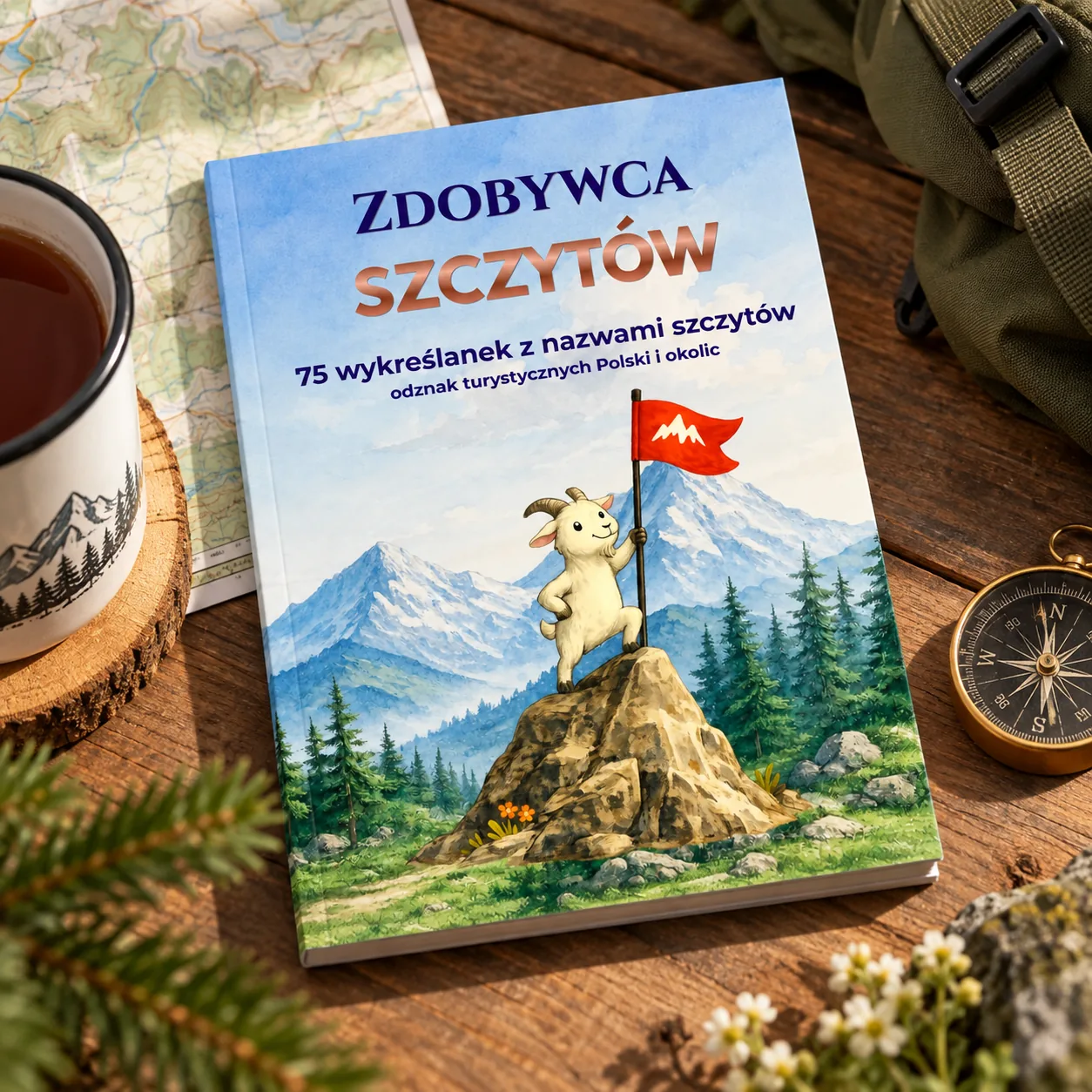 Książka „Zdobywca Szczytów” na drewnianym stole obok kubka herbaty, mapy, kompasu i plecaka